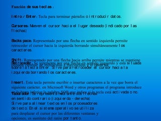 Función de sus t ecl as :

I nt r o / Ent er : Tecla para terminar párrafos o i nt r oduci r dat os.

C sor es: M
  ur       ueven el cur sor haci a el l ugar deseado (i ndi cado por l as
f l echas)

Backs pace: Representado por una flecha en sentido izquierda permite
retroceder el cursor hacia la izquierda borrando simultáneamente l os
car act er es.

Shi f t : Representado por una flecha hacia arriba permite mientras se mantiene
R r oceder : Se representa por una flecha en y vi cever sa.
pulsada cambiar de minúsculas a mayúsculas sentido izquierdo y está si t uada
  et
sobr e l a t ecl a Ent er . Si r ve par a r et r oceder el cur sor haci a l a
i zqui er da bor r ando l os car act er es.

I nser t : Esta tecla permite escribir o insertar caracteres a la vez que borra el
siguiente carácter, en Microsoft Word y otros programas el programa introduce
                                 SOB que indica si la tecla está act i vada o no.
en la barra :inferior la palabra edi ant e dos f l echas
Tabul ador Se r epr esent a m
en sent i do cont r ar i o (i zqui er da – der echa)
Si r ve par a al i near t ext os en l os pr ocesador es
de t ext o. En el si st em oper at i vo se ut i l i za
                           a
para desplazar el cursor por las diferentes ventanas y
opciones, es sustituto del ratón por t ant o.
 