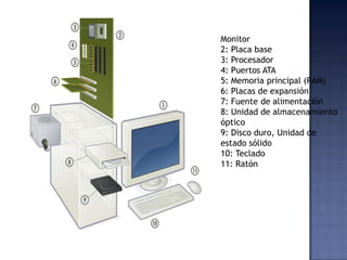 Monitor
2: Placa base
3: Procesador
4: Puertos ATA
5: Memoria principal (RAM)
6: Placas de expansión
7: Fuente de alimentación
8: Unidad de almacenamiento
óptico
9: Disco duro, Unidad de
estado sólido
10: Teclado
11: Ratón
 
