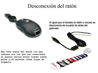 Desconexión del ratón

                                      Al igual que el teclado el ratón o mouse se
                                      desconecta de la parte de atrás del
                                      gabinete




Hay tres tipos del mouse los mas
comunes son los que van conectados
al puerto serial estos tienen nueve
patas y el enchufe tiene forma de
trapecio
 