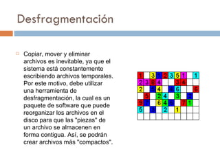 Desfragmentación Copiar, mover y eliminar archivos es inevitable, ya que el sistema está constantemente escribiendo archivos temporales. Por este motivo, debe utilizar una herramienta de desfragmentación, la cual es un paquete de software que puede reorganizar los archivos en el disco para que las "piezas" de un archivo se almacenen en forma contigua. Así, se podrán crear archivos más "compactos".  