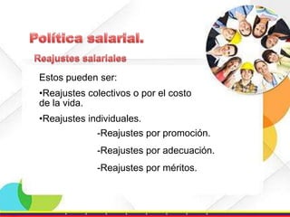 Estos pueden ser:

•Reajustes colectivos o por el costo
de la vida.
•Reajustes individuales.
-Reajustes por promoción.
-Reajustes por adecuación.
-Reajustes por méritos.

 