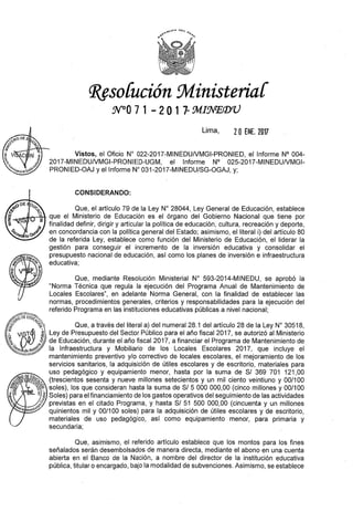 RESOLUCIÓN MINISTERIAL Nº 071-2017-MINEDU 22-01-2017