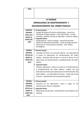 2016
IV UNIDAD
OPERACIONES DE MANTENIMIENTO Y
RESTABLECIMIENTO DEL ORDEN PUBLICO
NOVENA
SEMANA
(04 horas)
02ENE AL
07ENE DEL
2017
 Primera Sesión
Equipos de protección táctico antidisturbios.- overol con
retardante al fuego, guantes.- casco antimotines.- escudo
antimotín.- grilletes y bridas de seguridad.- máscaras antigás.
 Segunda Sesión
Bastón policial.- armas no letales.- aerosol de pimienta.-
agente de represión de disturbios.- armas de fuego de puño.-
fustas para el servicio policial montado.- otros medios
tecnológicos.
DECIMA
SEMANA
(04 horas)
09ENE AL
14ENE DEL
2017
 Primera Sesión
Concepto de fuerza en el accionar policial.- uso adecuado de
la fuerza en operaciones de mantenimiento del orden
público.- principios básicos para el uso de la fuerza en las
operaciones de mantenimiento y restablecimiento del orden
público.
 Segunda Sesión
Factores importantes a tener en cuenta en el mantenimiento
y restablecimiento del orden público.- modelo del uso
adecuado de lafuerza para operaciones de mantenimiento del
orden público.- uso adecuado de la fuerza.- niveles del uso de
la fuerza.- razonamiento técnico operativo policial.
DECIMA
PRIMERA
SEMANA
(04 horas)
16ENE AL
21ENE DEL
2017
 Primera Sesión
Ejecución de las operaciones.- pasos a seguir en las
intervenciones frente a multitudes.
 Segunda Sesión
Movilización del personal.- procedimiento para dispersar una
multitud.
 