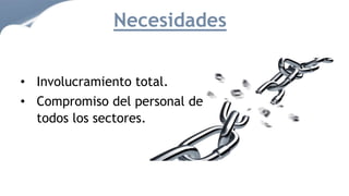 • Involucramiento total.
• Compromiso del personal de
todos los sectores.
Necesidades
 