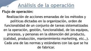Flujo de operación:
Realización de acciones emanadas de los métodos y
políticas dictadas en la organización, orden de
funcionalidad de un conjunto de tareas sistematizadas
en la operación, gestión, funcionalidad, de los equipos,
procesos, y personas en la obtención del producto,
(calidad, producción, mantenimiento marketing, etc.,).
Cada una de las normas y estándares con las que se ha
de fabricar.
Análisis de la operación
 