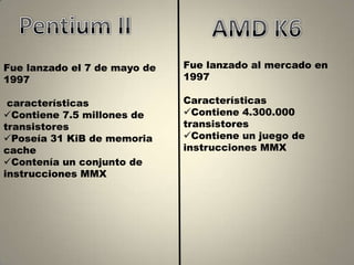 Fue lanzado el 7 de mayo de   Fue lanzado al mercado en
1997                          1997

 características              Características
Contiene 7.5 millones de     Contiene 4.300.000
transistores                  transistores
Poseía 31 KiB de memoria     Contiene un juego de
cache                         instrucciones MMX
Contenía un conjunto de
instrucciones MMX
 
