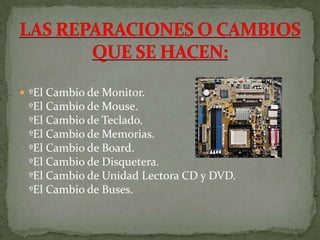  ºEl Cambio de Monitor.
ºEl Cambio de Mouse.
ºEl Cambio de Teclado.
ºEl Cambio de Memorias.
ºEl Cambio de Board.
ºEl Cambio de Disquetera.
ºEl Cambio de Unidad Lectora CD y DVD.
ºEl Cambio de Buses.
 