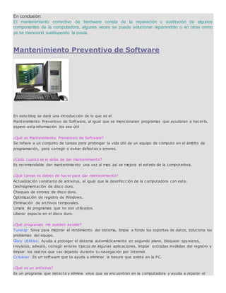 Mantenimiento correctivo y preventivo de software y hardware | PDF