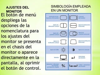 AJUSTES DEL          SIMBOLOGÍA EMPLEADA
  MONITOR              EN UN MONITOR
El botón de menú
despliega las
opciones de la
nomenclatura para
los ajustes del
monitor se presenta
en el chasis del
monitor o aparece
directamente en la
pantalla, al oprimir
el botón de control.
 