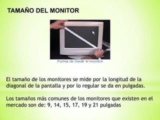 TAMAÑO DEL MONITOR




El tamaño de los monitores se mide por la longitud de la
diagonal de la pantalla y por lo regular se da en pulgadas.

Los tamaños más comunes de los monitores que existen en el
mercado son de: 9, 14, 15, 17, 19 y 21 pulgadas
 