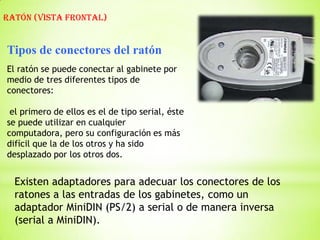 RATÓN (VISTA FRONTAL)


Tipos de conectores del ratón
El ratón se puede conectar al gabinete por
medio de tres diferentes tipos de
conectores:

 el primero de ellos es el de tipo serial, éste
se puede utilizar en cualquier
computadora, pero su configuración es más
difícil que la de los otros y ha sido
desplazado por los otros dos.


  Existen adaptadores para adecuar los conectores de los
  ratones a las entradas de los gabinetes, como un
  adaptador MiniDIN (PS/2) a serial o de manera inversa
  (serial a MiniDIN).
 