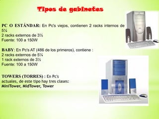 Tipos de gabinetes

PC O ESTÁNDAR: En Pc's viejos, contienen 2 racks internos de
5¼
2 racks externos de 3½
Fuente: 100 a 150W

BABY: En Pc's AT (486 de los primeros), contiene :
2 racks externos de 5¼
1 rack externos de 3½
Fuente: 100 a 150W


TOWERS (TORRES) : En Pc's
actuales, de este tipo hay tres clases:
MiniTower, MidTower, Tower
 