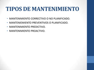 TIPOS DE MANTENIMIENTO
•
•
•
•

MANTENIMIENTO CORRECTIVO O NO PLANIFICADO.
MANTENIEMIENTO PREVENTIVOS O PLANIFICADO.
MANTENIMIENTO PREDICTIVO.
MANTENIMIENTO PROACTIVO.

 