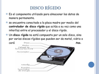 DISCO RÍGIDO Es el componente utilizado para almacenar los datos de manera permanente. se encuentra conectado a la placa madre por medio del  controlador de disco rígido  que actúa a su vez como una interfaz entre el procesador y el disco rígido. Un  disco rígido  no está compuesto por un solo disco, sino por varios discos rígidos que pueden ser de metal, vidrio o cerámica, apilados muy juntos entre sí y llamados  platos .  