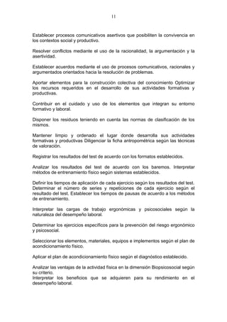 11



Establecer procesos comunicativos asertivos que posibiliten la convivencia en
los contextos social y productivo.

Resolver conflictos mediante el uso de la racionalidad, la argumentación y la
asertividad.

Establecer acuerdos mediante el uso de procesos comunicativos, racionales y
argumentados orientados hacia la resolución de problemas.

Aportar elementos para la construcción colectiva del conocimiento Optimizar
los recursos requeridos en el desarrollo de sus actividades formativas y
productivas.

Contribuir en el cuidado y uso de los elementos que integran su entorno
formativo y laboral.

Disponer los residuos teniendo en cuenta las normas de clasificación de los
mismos.

Mantener limpio y ordenado el lugar donde desarrolla sus actividades
formativas y productivas Diligenciar la ficha antropométrica según las técnicas
de valoración.

Registrar los resultados del test de acuerdo con los formatos establecidos.

Analizar los resultados del test de acuerdo con los baremos. Interpretar
métodos de entrenamiento físico según sistemas establecidos.

Definir los tiempos de aplicación de cada ejercicio según los resultados del test.
Determinar el número de series y repeticiones de cada ejercicio según el
resultado del test. Establecer los tiempos de pausas de acuerdo a los métodos
de entrenamiento.

Interpretar las cargas de trabajo ergonómicas y psicosociales según la
naturaleza del desempeño laboral.

Determinar los ejercicios específicos para la prevención del riesgo ergonómico
y psicosocial.

Seleccionar los elementos, materiales, equipos e implementos según el plan de
acondicionamiento físico.

Aplicar el plan de acondicionamiento físico según el diagnóstico establecido.

Analizar las ventajas de la actividad física en la dimensión Biopsicosocial según
su criterio.
Interpretar los beneficios que se adquieren para su rendimiento en el
desempeño laboral.
 