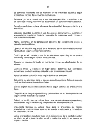 13

Se comunica fácilmente con los miembros de la comunidad educativa según
protocolos y normas de convivencia institucional.

Establece procesos comunicativos asertivos que posibilitan la convivencia en
los contextos social y productivo de acuerdo con las competencias ciudadanas.

Resuelve conflictos mediante el uso de la racionalidad, la argumentación y la
asertividad.

Establece acuerdos mediante el uso de procesos comunicativos, racionales y
argumentados orientados hacia la resolución de problemas según normas y
protocolos institucionales.

Aporta elementos en la construcción colectiva del conocimiento según la
naturaleza del problema.

Optimiza los recursos requeridos en el desarrollo de sus actividades formativas
y productivas según normas institucionales.

Contribuye en el cuidado y uso de los elementos que integran su entorno
formativo y laboral según normas institucionales.

Dispone los residuos teniendo en cuenta las normas de clasificación de los
mismos.

Mantiene limpio y ordenado el lugar donde desarrolla sus actividades
formativas y productivas según estándares de protección ambiental.

Aplica los test de condición física según técnicas de medición.

Selecciona los ejercicios para el plan de acondicionamiento físico de acuerdo
con los métodos de entrenamiento físico.

Elabora el plan de acondicionamiento físico, según sistemas de entrenamiento
físico.

Diagnóstica los riesgos ergonómicos y psicosociales de su desempeño laboral
según normas de salud ocupacional.

Selecciona las técnicas de cultura física para prevenir riesgos ergonómicos y
psicosociales según naturaleza y complejidad del desempeño laboral.

Implementa técnicas de cultura física para la prevención de riesgos
ergonómicos y psicosociales teniendo en cuenta la naturaleza y complejidad
del desempeño laboral.

Valora el impacto de la cultura física en el mejoramiento de la calidad de vida y
su efecto en el entorno familiar social y productivo teniendo en cuenta su
proyecto de vida.
 