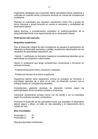14

Implementa estrategias que le permitan liderar actividades físicas deportivas y
culturales en contexto social y productivo teniendo en cuenta las competencias
ciudadanas.

Participa en actividades que requieren coordinación motriz fina y gruesa de
forma individual y grupal teniendo en cuenta la naturaleza y complejidad del
desempeño laboral.

Aplica técnicas y procedimientos orientados al perfeccionamiento de la
psicomotricidad frente a los requerimientos de su desempeño laboral.

Perfil técnico del instructor

Requisitos académicos:

Para el desarrollo integral de esta competencia se requiere la participación de
diferentes profesionales asociados a perfiles académicos relacionados con los
resultados de aprendizajes específicos, así:

· Opción 1: certificación en formación basada en competencias laborales y/o en
aprendizaje por proyectos o relacionadas.

Opción 2: profesional que tenga competencias humanísticas y formación en
ciencias humanas.

· Profesional educación física, recreación y deportes.

· Profesional ciencias de la salud ocupacional.

Experiencia laboral: tener experiencia mínima en procesos de formación o
actividades laborales de 2 años en el área de desarrollo humano con el
enfoque basado en competencias laborales.

Competencias: gestionar procesos de desarrollo humano              según    las
particularidades de los contextos sociales y productivos.

Interactuar idóneamente consigo mismo con los demás y con la naturaleza
según los contextos sociales y productivos.

Promover el desarrollo de las actividades físicas que posibiliten el desempeño
laboral seguro y eficaz, un estilo de vida saludable y el mejoramiento de la
calidad de vida.

Bina Tecnológica

Porcentaje L1       70
Porcentaje L2       30

Requiere Aprobado Certificación
 