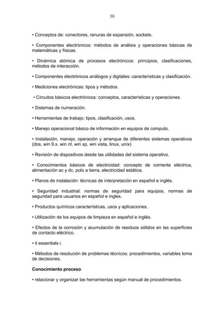 30



• Conceptos de: conectores, ranuras de expansión, sockets.

• Componentes electrónicos: métodos de análisis y operaciones básicas de
matemáticas y físicas.

• Dinámica atómica de procesos electrónicos: principios, clasificaciones,
métodos de interacción.

• Componentes electrónicos análogos y digitales: características y clasificación.

• Mediciones electrónicas: tipos y métodos.

• Circuitos básicos electrónicos: conceptos, características y operaciones.

• Sistemas de numeración.

• Herramientas de trabajo: tipos, clasificación, usos.

• Manejo operacional básico de información en equipos de computo.

• Instalación, manejo, operación y arranque de diferentes sistemas operativos
(dos, win 9.x, win nt, win xp, win vista, linux, uníx)

• Revisión de dispositivos desde las utilidades del sistema operativo.

• Conocimientos básicos de electricidad: concepto de corriente eléctrica,
alimentación ac y dc, polo a tierra, electricidad estática.

• Planos de instalación: técnicas de interpretación en español e inglés.

• Seguridad industrial: normas de seguridad para equipos, normas de
seguridad para usuarios en español e ingles.

• Productos químicos características, usos y aplicaciones.

• Utilización de los equipos de limpieza en español e inglés.

• Efectos de la corrosión y acumulación de residuos sólidos en las superficies
de contacto eléctrico.

• it essentials i.

• Métodos de resolución de problemas técnicos: procedimientos, variables toma
de decisiones.

Conocimiento proceso

• relacionar y organizar las herramientas según manual de procedimientos.
 
