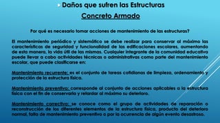 Por qué es necesario tomar acciones de mantenimiento de las estructuras?
El mantenimiento periódico y sistemático se debe realizar para conservar al máximo las
características de seguridad y funcionalidad de las edificaciones escolares, aumentando
de esta manera, la vida útil de las mismas. Cualquier integrante de la comunidad educativa
puede llevar a cabo actividades técnicas o administrativas como parte del mantenimiento
escolar, que puede clasificarse en:
Mantenimiento recurrente: es el conjunto de tareas cotidianas de limpieza, ordenamiento y
protección de la estructura física.
Mantenimiento preventivo: corresponde al conjunto de acciones aplicables a la estructura
física con el fin de conservarla y retardar al máximo su deterioro.
Mantenimiento correctivo: se conoce como el grupo de actividades de reparación o
reconstrucción de los diferentes elementos de la estructura física, producto del deterioro
normal, falta de mantenimiento preventivo o por la ocurrencia de algún evento desastroso.
Daños que sufren las Estructuras
Concreto Armado
 