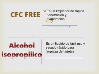 
 Es un limpiador de rápida
penetración y
evaporación .
CFC FREE
Es un liquido de fácil uso y
secado rápido para
limpieza de tarjetas
 
