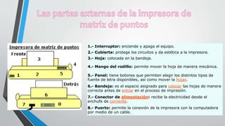 1.- Interruptor: enciende y apaga el equipo.
2.- Cubierta: protege los circuitos y da estética a la impresora.
3.- Hoja: colocada en la bandeja.
4.- Mango del rodillo: permite mover la hoja de manera mecánica.
5.- Panel: tiene botones que permiten elegir los distintos tipos de
fuente de letra disponibles, así como mover la hojas.
6.- Bandeja: es el espacio asignado para colocar las hojas de manera
correcta antes de entrar en el proceso de impresión.
7.- Conector de alimentación: recibe la electricidad desde el
enchufe de corriente.
8.- Puerto: permite la conexión de la impresora con la computadora
por medio de un cable.
 