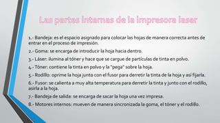 1.- Bandeja: es el espacio asignado para colocar las hojas de manera correcta antes de
entrar en el proceso de impresión.
2.- Goma: se encarga de introducir la hoja hacia dentro.
3.- Láser: ilumina al tóner y hace que se cargue de partículas de tinta en polvo.
4.-Tóner: contiene la tinta en polvo y la "pega" sobre la hoja.
5.- Rodillo: oprime la hoja junto con el fusor para derretir la tinta de la hoja y así fijarla.
6.- Fusor: se calienta a muy alta temperatura para derretir la tinta y junto con el rodillo,
asirla a la hoja.
7.- Bandeja de salida: se encarga de sacar la hoja una vez impresa.
8.- Motores internos: mueven de manera sincronizada la goma, el tóner y el rodillo.
 