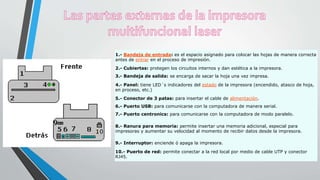 1.- Bandeja de entrada: es el espacio asignado para colocar las hojas de manera correcta
antes de entrar en el proceso de impresión.
2.- Cubiertas: protegen los circuitos internos y dan estética a la impresora.
3.- Bandeja de salida: se encarga de sacar la hoja una vez impresa.
4.- Panel: tiene LED´s indicadores del estado de la impresora (encendido, atasco de hoja,
en proceso, etc.)
5.- Conector de 3 patas: para insertar el cable de alimentación.
6.- Puerto USB: para comunicarse con la computadora de manera serial.
7.- Puerto centronics: para comunicarse con la computadora de modo paralelo.
8.- Ranura para memoria: permite insertar una memoria adicional, especial para
impresoras y aumentar su velocidad al momento de recibir datos desde la impresora.
9.- Interruptor: enciende ó apaga la impresora.
10.- Puerto de red: permite conectar a la red local por medio de cable UTP y conector
RJ45.
 