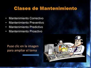 •    Mantenimiento Correctivo
•    Mantenimiento Preventivo
•    Mantenimiento Predictivo
•    Mantenimiento Proactivo



    Puse clic en la imagen
    para ampliar el tema
 