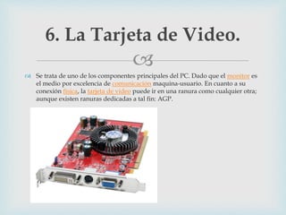 
 Se trata de uno de los componentes principales del PC. Dado que el monitor es
el medio por excelencia de comunicación maquina-usuario. En cuanto a su
conexión física, la tarjeta de video puede ir en una ranura como cualquier otra;
aunque existen ranuras dedicadas a tal fin: AGP.
6. La Tarjeta de Video.
 