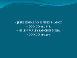  JESUS EDUARDO ESPINEL BLANCO
 CODIGO 0152898.
 HELEN FARLEY SANCHEZ MEJIA.
 CODIGO 0152907.
 