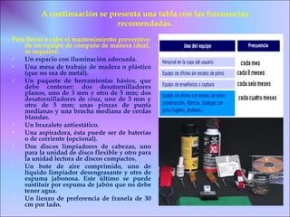 Para llevar a cabo el mantenimiento preventivo
de un equipo de cómputo de manera ideal,
se requiere:
 Un espacio con iluminación adecuada.
 Una mesa de trabajo de madera o plástico
(que no sea de metal).
 Un paquete de herramientas básico, que
debe contener: dos desatornilladores
planos, uno de 3 mm y otro de 5 mm; dos
desatornilladores de cruz, uno de 3 mm y
otro de 5 mm; unas pinzas de punta
medianas y una brocha mediana de cerdas
blandas.
 Un brazalete antiestático.
 Una aspiradora, ésta puede ser de baterías
o de corriente (opcional).
 Dos discos limpiadores de cabezas, uno
para la unidad de disco flexible y otro para
la unidad lectora de discos compactos.
 Un bote de aire comprimido, uno de
líquido limpiador desengrasante y otro de
espuma jabonosa. Este último se puede
sustituir por espuma de jabón que no debe
tener agua.
 Un lienzo de preferencia de franela de 30
cm por lado.
A continuación se presenta una tabla con las frecuencias
recomendadas.
 