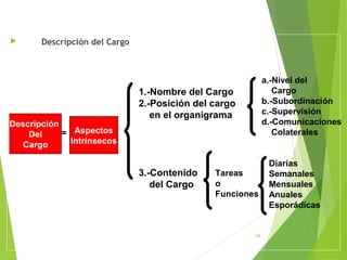 Descripción y Análisis de
Cargos
 Descripción del Cargo
24
Descripción
Del
Cargo
Aspectos
Intrínsecos
1.-Nombre del Cargo
2.-Posición del cargo
en el organigrama
3.-Contenido
del Cargo
Tareas
o
Funciones
a.-Nivel del
Cargo
b.-Subordinación
c.-Supervisión
d.-Comunicaciones
Colaterales
Diarias
Semanales
Mensuales
Anuales
Esporádicas
=
 