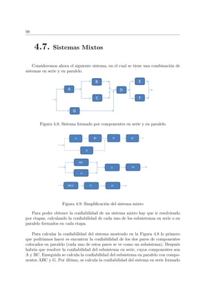 98
4.7. Sistemas Mixtos
Consideremos ahora el siguiente sistema, en el cual se tiene una combinaci´on de
sistemas en serie y en paralelo.
Figura 4.8: Sistema formado por componentes en serie y en paralelo
Figura 4.9: Simpliﬁcaci´on del sistema mixto
Para poder obtener la conﬁabilidad de un sistema mixto hay que ir resolviendo
por etapas, calculando la conﬁabilidad de cada uno de los subsistemas en serie o en
paralelo formados en cada etapa.
Para calcular la conﬁabilidad del sistema mostrado en la Figura 4.8 lo primero
que podr´ıamos hacer es encontrar la conﬁabilidad de los dos pares de componentes
colocados en paralelo (cada uno de estos pares se ve como un subsistema). Despu´es
habr´ıa que resolver la conﬁabilidad del subsistema en serie, cuyos componentes son
A y BC. Enseguida se calcula la conﬁabilidad del subsistema en paralelo con compo-
nentes ABC y G. Por ´ultimo, se calcula la conﬁabilidad del sistema en serie formado
 