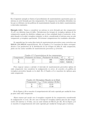 110
En el siguiente ejemplo se ilustra el procedimiento de mantenimiento oportunista para un
sistema en serie formado por dos componentes. Se comparan los resultados obtenidos con
los que se obtienen con las pol´ıticas de mantenimiento basado en la edad y mantenimiento
a intervalos constantes.
Ejemplo 4.8.1. Vamos a considerar un sistema en serie formado por dos componentes
A y B, con distintas tasas de falla. Calcularemos los tiempos de reemplazo ´optimos de los
componentes usando los distintos enfoques que se han estudiado hasta el momento: reem-
plazo basado en la edad, reemplazo conjunto, es decir, considerando el sistema como un solo
componente y reemplazo oportunista. Al terminar compararemos los resultados obtenidos.
Se supondr´a que los costos ﬁjos tanto de mantenimiento preventivo como correctivo son
$600.00 y $8, 0000.00 respectivamente. En el Cuadro 4.7 se muestran los datos correspon-
dientes a los par´ametros de la distribuci´on de los tiempos de falla de cada componente,
junto con los costos variables de mantenimiento preventivo y correctivo.
Cuadro 4.7: Caracter´ısticas de los componentes
Componente Par´ametro de forma Par´ametro de escala Cp
i Cc
i
A 2.5 500 $600 $5,000.00
B 2.7 200 $200 $400.00
Para empezar vamos a calcular el intervalo de mantenimiento preventivo ´optimo de
cada componente (sin considerar la conﬁguraci´on en serie), de acuerdo a la pol´ıtica de
reemplazo preventivo basada en la edad. En el Cuadro 4.8 se muestran los ´optimos para
cada componente.
Cuadro 4.8: Reemplazo Basado en la Edad
Componente topt Costo m´ınimo ($/d´ıa)
A 171 11.81
B 72 17.90
En la Figura 4.20 se muestra el comportamiento del costo esperado por unidad de tiem-
po para cada cada componente.
Ahora veamos qu´e sucede con el reemplazo conjunto de los componentes considerando
la conﬁguraci´on en serie. En este caso el tiempo de reemplazo ´optimo para los dos compo-
nentes del sistema es 73 d´ıas, con un costo m´ınimo de $31.51 por d´ıa. En la Figura 4.21
se muestra el comportamiento del costo esperado por unidad de tiempo para el sistema.
 