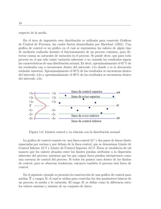 18
respecto de la media.
En el ´area de ingenier´ıa esta distribuci´on es utilizada para construir Gr´aﬁcas
de Control de Procesos, las cuales fueron desarrollados por Shewhart (1931). Una
gr´aﬁca de control es un gr´aﬁco en el cual se representan los valores de alg´un tipo
de medici´on realizada durante el funcionamiento de un proceso continuo, para de-
tectar causas no naturales de variaci´on en el proceso. Se puede decir, que para todo
proceso en el que s´olo existe variaci´on inherente o no causada los resultados siguen
las caracter´ısticas de una distribuci´on normal. Es decir, aproximadamente el 67 % de
los resultados van a encontrarse dentro del intervalo ±1s donde s es la desviaci´on
est´andar muestral. Aproximadamente el 95 % de los resultados se encuentran dentro
del intervalo ±2s y aproximadamente el 99 % de los resultados se encuentran dentro
del intervalo ±3s.
Figura 1.6: L´ımites control y su relaci´on con la distribuci´on normal.
La gr´aﬁca de control consiste en: una l´ınea central LC y dos pares de l´ıneas l´ımite
espaciadas por encima y por debajo de la l´ınea central, que se denominan L´ımite de
Control Inferior LCI y L´ımite de Control Superior LCS. ´Estos se establecen de tal
manera que los valores situados entre los l´ımites puedan atribuirse a la dispersi´on
inherente del proceso, mientras que los que caigan fuera puedan interpretarse como
una carencia de control del proceso. Si todos los puntos caen dentro de los l´ımites
de control, pero se observan tendencias, entonces tambi´en el proceso est´a fuera de
control.
En el siguiente ejemplo se presenta la construcci´on de una gr´aﬁca de control para
medias X y rangos R, el cual se utiliza para controlar los dos par´ametros b´asicos de
un proceso: la media y la variaci´on. El rango R, se deﬁne como la diferencia entre
los valores m´aximo y m´ınimo de un conjunto de datos.
 