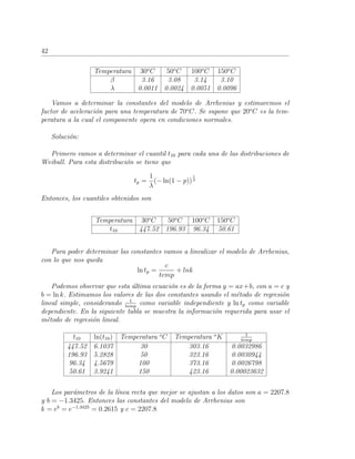 42
Temperatura 30o
C 50o
C 100o
C 150o
C
β 3.16 3.08 3.14 3.10
λ 0.0011 0.0024 0.0051 0.0096
Vamos a determinar la constantes del modelo de Arrhenius y estimaremos el
factor de aceleraci´on para una temperatura de 70o
C. Se supone que 20o
C es la tem-
peratura a la cual el componente opera en condiciones normales.
Soluci´on:
Primero vamos a determinar el cuantil t10 para cada una de las distribuciones de
Weibull. Para esta distribuci´on se tiene que
tp =
1
λ
(− ln(1 − p))
1
β
Entonces, los cuantiles obtenidos son
Temperatura 30o
C 50o
C 100o
C 150o
C
t10 447.52 196.93 96.34 50.61
Para poder determinar las constantes vamos a linealizar el modelo de Arrhenius,
con lo que nos queda
ln tp =
c
temp
+ lnk
Podemos observar que esta ´ultima ecuaci´on es de la forma y = ax+b, con a = c y
b = ln k. Estimamos los valores de las dos constantes usando el m´etodo de regresi´on
lineal simple, considerando 1
temp
como variable independiente y ln tp como variable
dependiente. En la siguiente tabla se muestra la informaci´on requerida para usar el
m´etodo de regresi´on lineal.
t10 ln(t10) Temperatura o
C Temperatura o
K 1
temp
447.52 6.1037 30 303.16 0.0032986
196.93 5.2828 50 323.16 0.0030944
96.34 4.5679 100 373.16 0.0026798
50.61 3.9241 150 423.16 0.00023632
Los par´ametros de la l´ınea recta que mejor se ajustan a los datos son a = 2207.8
y b = −1.3425. Entonces las constantes del modelo de Arrhenius son
k = eb
= e−1.3425
= 0.2615 y c = 2207.8
 