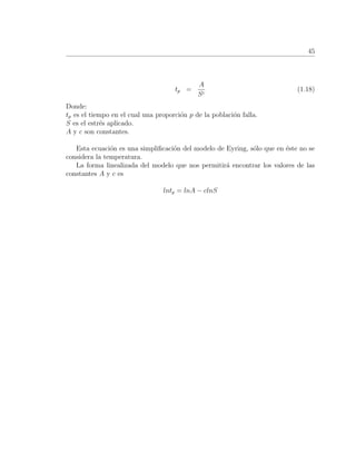 45
tp =
A
Sc
(1.18)
Donde:
tp es el tiempo en el cual una proporci´on p de la poblaci´on falla.
S es el estr´es aplicado.
A y c son constantes.
Esta ecuaci´on es una simpliﬁcaci´on del modelo de Eyring, s´olo que en ´este no se
considera la temperatura.
La forma linealizada del modelo que nos permitir´a encontrar los valores de las
constantes A y c es
lntp = lnA − clnS
 