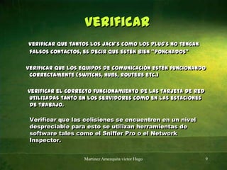 verificarVerificar que tantos los Jack's como los Plug's no tengan falsos contactos, es decir que estén bien “Ponchados”   Verificar que los equipos de comunicación estén funcionando correctamente (Switchs, Hubs, Routers etc.)    verificar el correcto funcionamiento de las tarjeta de red utilizadas tanto en los servidores como en las estaciones de trabajo.Verificar que las colisiones se encuentren en un nivel despreciable para esto se utilizan herramientas de software tales como el Sniffer Pro o el Network Inspector.Martinez Amezquita victor Hugo9