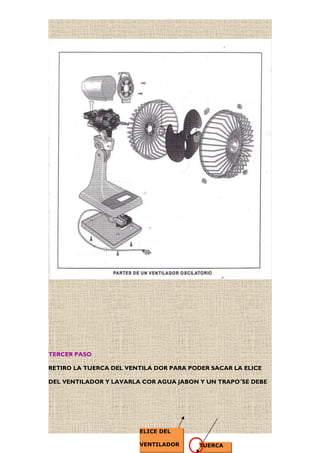 TERCER PASO
RETIRO LA TUERCA DEL VENTILA DOR PARA PODER SACAR LA ELICE
DEL VENTILADOR Y LAVARLA COR AGUA JABON Y UN TRAPO¨SE DEBE
6
TUERCA
ELICE DEL
VENTILADOR
 