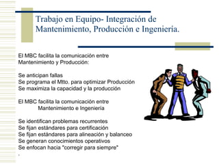 Trabajo en Equipo- Integración de
Mantenimiento, Producción e Ingeniería.
El MBC facilita la comunicación entre
Mantenimiento y Producción:
Se anticipan fallas
Se programa el Mtto. para optimizar Producción
Se maximiza la capacidad y la producción
El MBC facilita la comunicación entre
Mantenimiento e Ingeniería
Se identifican problemas recurrentes
Se fijan estándares para certificación
Se fijan estándares para alineación y balanceo
Se generan conocimientos operativos
Se enfocan hacia "corregir para siempre"
,
 