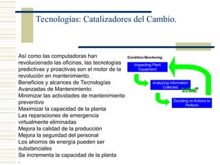 Tecnologías: Catalizadores del Cambio.
Así como las computadoras han
revolucionado las oficinas, las tecnologías
predictivas y proactivas son el motor de la
revolución en mantenimiento.
Beneficios y alcances de Tecnologías
Avanzadas de Mantenimiento:
Minimizar las actividades de mantenimiento
preventivo
Maximizar la capacidad de la planta
Las reparaciones de emergencia
virtualmente eliminadas
Mejora la calidad de la producción
Mejora la seguridad del personal
Los ahorros de energía pueden ser
substanciales
Se incrementa la capacidad de la planta
,
 