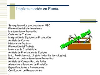 Implementación en Planta.
Se requieren dos grupos para el MBC
Planeación del Mantenimiento
Mantenimiento Preventivo
Ordenes de Trabajo
Integración de Equipo con Producción
Análisis de Costos
Historial de Equipos
Planeación del Trabajo
Mejora en la Confiabilidad
Análisis de Prioridades de Equipos
Mtto. Predictivo auto dirigido (todas las tecnologías)
Reducción de Mantenimiento Preventivo
Análisis de Causas Raíz de Fallas
Alineación y Balanceo de Precisión
Especificaciones a Proveedores
Certificación de Reparaciones
.
 