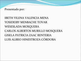 Presentado por: IBETH YILENA VALENCIA MENA YOSIDEIBY MENBACHE TOVAR WESESLADA MOSQUERA CARLOS ALBERTOS MURILLO MOSQUERA GISELA PATRICIA ZAAC RENTERIA LUIS ALIRIO HINESTROZA CÓRDOBA 