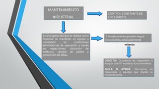 MANTENIMIENTO
INDUSTRIAL

Es una operación que se realiza con la
finalidad de mantener un equipo o
instalación
en
condiciones
satisfactorias de operación a través
de inspecciones, ubicación de
defectos, cambio de partes y
prevención de fallas.

CONTROL CONSTANTE DE
LOS EQUIPOS.

Y de esta manera puedan seguir
funcionando adecuadamente
evitando

DEFECTO: Ocurrencia en maquinaria o
equipos que NO impide su funcionamiento.
FALLA O AVERIA: Ocurrencia en
maquinaria o equipos que impide su
funcionamiento .

 