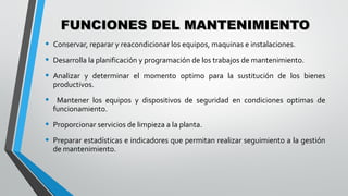 FUNCIONES DEL MANTENIMIENTO
•
•
•

Conservar, reparar y reacondicionar los equipos, maquinas e instalaciones.

•

Mantener los equipos y dispositivos de seguridad en condiciones optimas de
funcionamiento.

•
•

Proporcionar servicios de limpieza a la planta.

Desarrolla la planificación y programación de los trabajos de mantenimiento.
Analizar y determinar el momento optimo para la sustitución de los bienes
productivos.

Preparar estadísticas e indicadores que permitan realizar seguimiento a la gestión
de mantenimiento.

 
