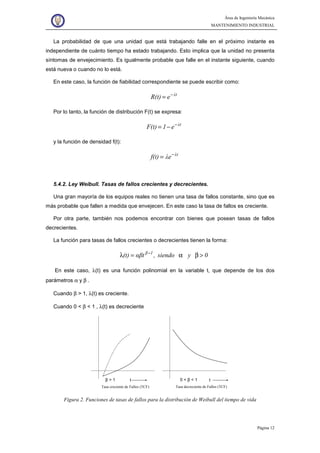 Área de Ingeniería Mecánica
MANTENIMIENTO INDUSTRIAL
Página 12
La probabilidad de que una unidad que está trabajando falle en el próximo instante es
independiente de cuánto tiempo ha estado trabajando. Esto implica que la unidad no presenta
síntomas de envejecimiento. Es igualmente probable que falle en el instante siguiente, cuando
está nueva o cuando no lo está.
En este caso, la función de fiabilidad correspondiente se puede escribir como:
λt
eR(t) −
=
Por lo tanto, la función de distribución F(t) se expresa:
λt
e1F(t) −
−=
y la función de densidad f(t):
λt
λef(t) −
=
5.4.2. Ley Weibull. Tasas de fallos crecientes y decrecientes.
Una gran mayoría de los equipos reales no tienen una tasa de fallos constante, sino que es
más probable que fallen a medida que envejecen. En este caso la tasa de fallos es creciente.
Por otra parte, también nos podemos encontrar con bienes que posean tasas de fallos
decrecientes.
La función para tasas de fallos crecientes o decrecientes tienen la forma:
0ysiendo,αβt(t) 1β
>βα=λ −
En este caso, λ(t) es una función polinomial en la variable t, que depende de los dos
parámetros α y β .
Cuando β > 1, λ(t) es creciente.
Cuando 0 < β < 1 , λ(t) es decreciente
β > 1 t
Tasa creciente de Fallos (TCF)
0 < β < 1 t
Tasa decreciente de Fallos (TCF)
Figura 2. Funciones de tasas de fallos para la distribución de Weibull del tiempo de vida
 