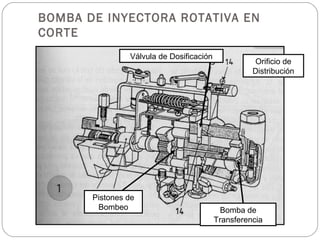 BOMBA DE INYECTORA ROTATIVA EN
CORTE
                Válvula de Dosificación
                                                    Orificio de
                                                    Distribución




       Pistones de
        Bombeo                             Bomba de
                                          Transferencia
 