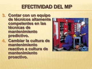 EFECTIVIDAD DEL MP
3. Contar con un equipo
   de técnicos altamente
   competentes en las
   técnicas de
   mantenimiento
   predictivo.
4. Cambiar la cultura de
   mantenimiento
   reactivo a cultura de
   mantenimiento
   proactivo.
 