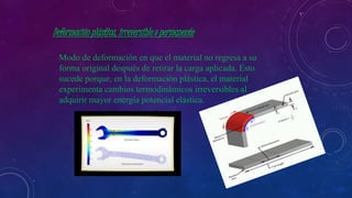 Deformación plástica, irreversible o permanente
Modo de deformación en que el material no regresa a su
forma original después de retirar la carga aplicada. Esto
sucede porque, en la deformación plástica, el material
experimenta cambios termodinámicos irreversibles al
adquirir mayor energía potencial elástica.
 