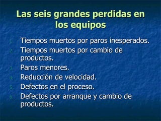 Las seis grandes perdidas en los equipos Tiempos muertos por paros inesperados. Tiempos muertos por cambio de productos. Paros menores. Reducción de velocidad. Defectos en el proceso. Defectos por arranque y cambio de productos. 